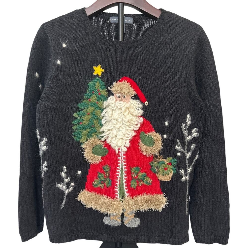 Northern Isles Vintage Black Santa Holiday Crew Neck Knit Sweater Size Small